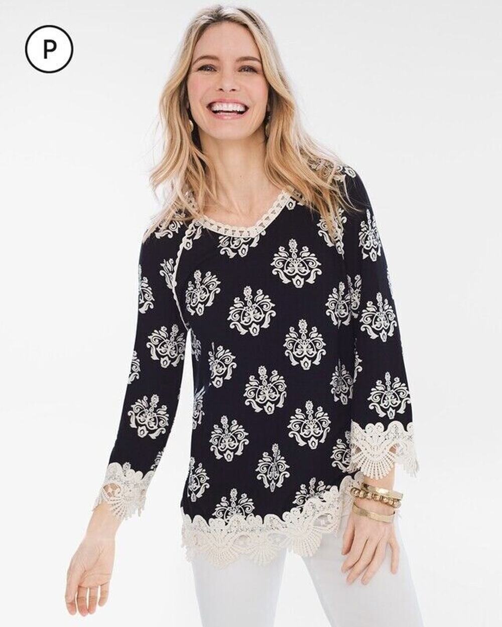 Chico's Women's Medallion Print 3/4 Sleeve Knit Lace Trim Top Sz 0/S/4 Black